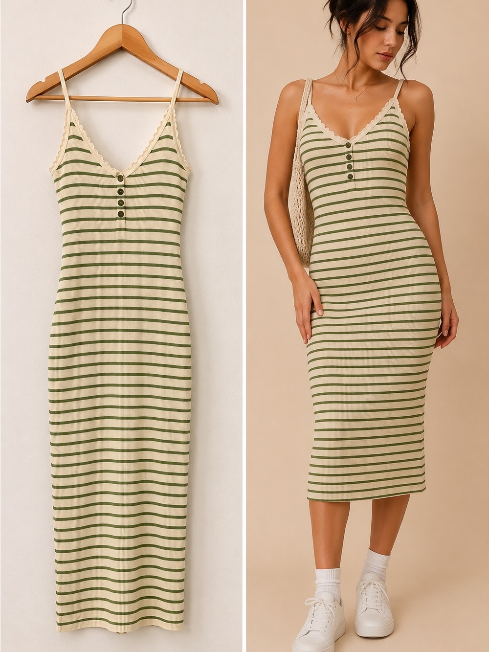 Endless Blu Green Stripe Ribbed Midi Dress Lettuce Trim Bodycon S